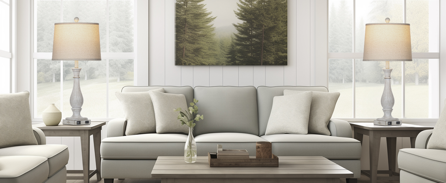 27.5" Farmhouse Table Lamps Set of 2 with USB C+A Ports & AC Outlet for