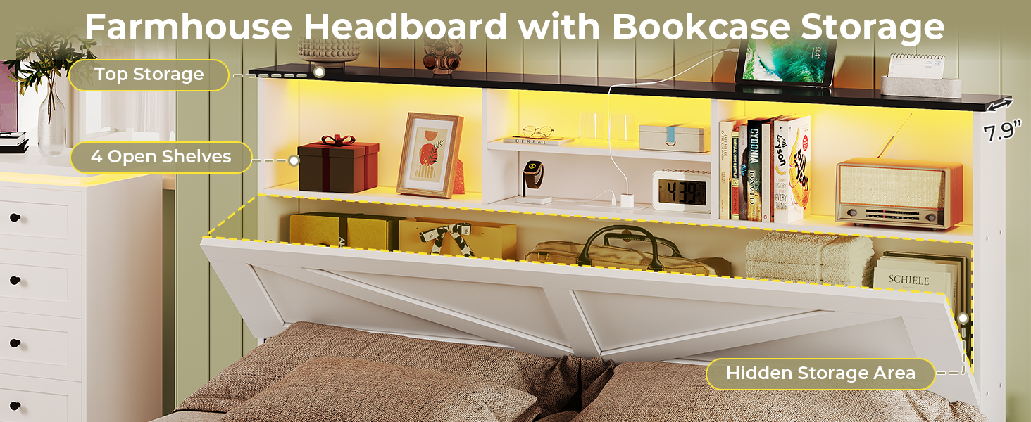 MSmask Farmhouse Full Size Bed Frame with Storage Bookcase