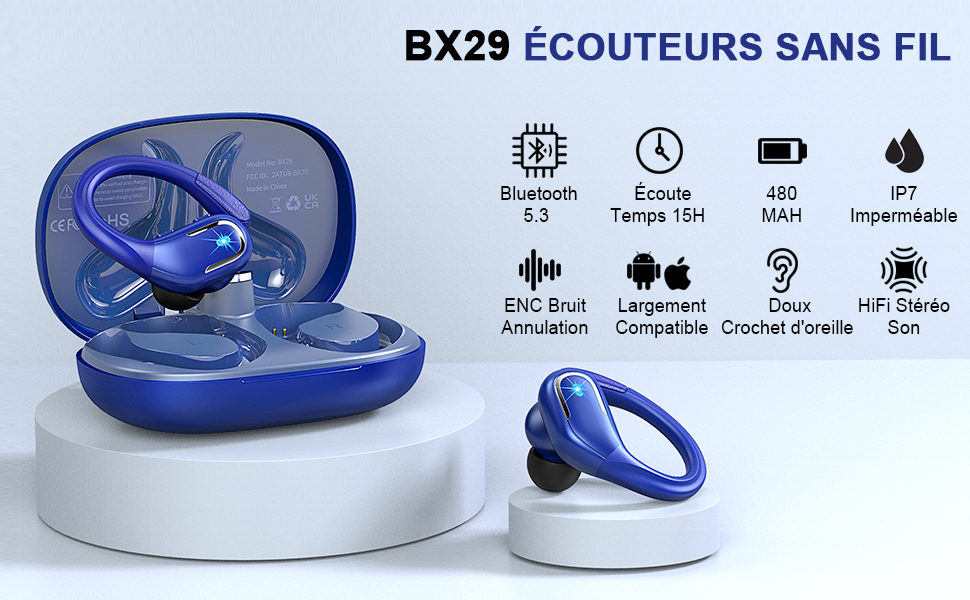 avec étui de chargement. Caractéristiques du produit répertoriées : Bluetooth 5.3, batterie de 15 heures, capacité de 480 mAh, indice d'étanchéité IPX7, suppression du bruit et commandes tactiles