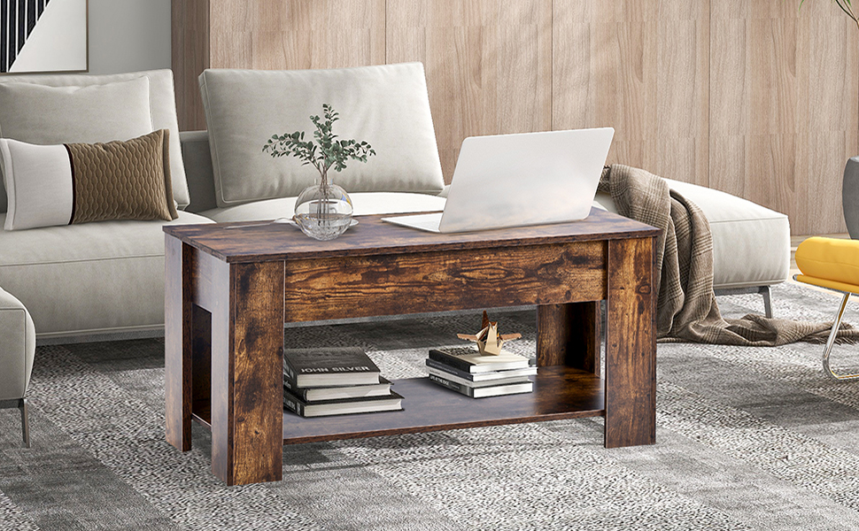 HOOSENG Lift Top Coffee Table, Wooden Coffee Table With Storage Space, Industrial Coffee Table Tea Table For Living Room, Office, Balcony, Rustic Brown, 100 X 45 X£¨49-63 ) CM 17 4