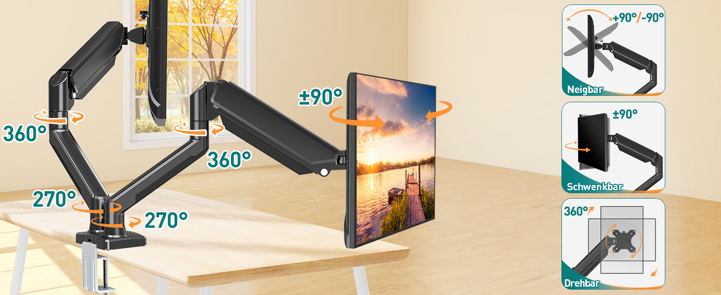 Monitor Arm Gasdruckfeder 2 Monitorhalterung neigbar 180° schwenkbar 180° Drehbar 360° 2 Monitore