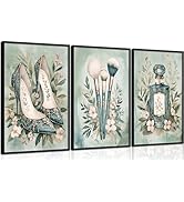 3Pcs Fashion Teen Girls Bedroom Wall Art Perfume Makeup Brushes High Heel Canvas Painting Green W...