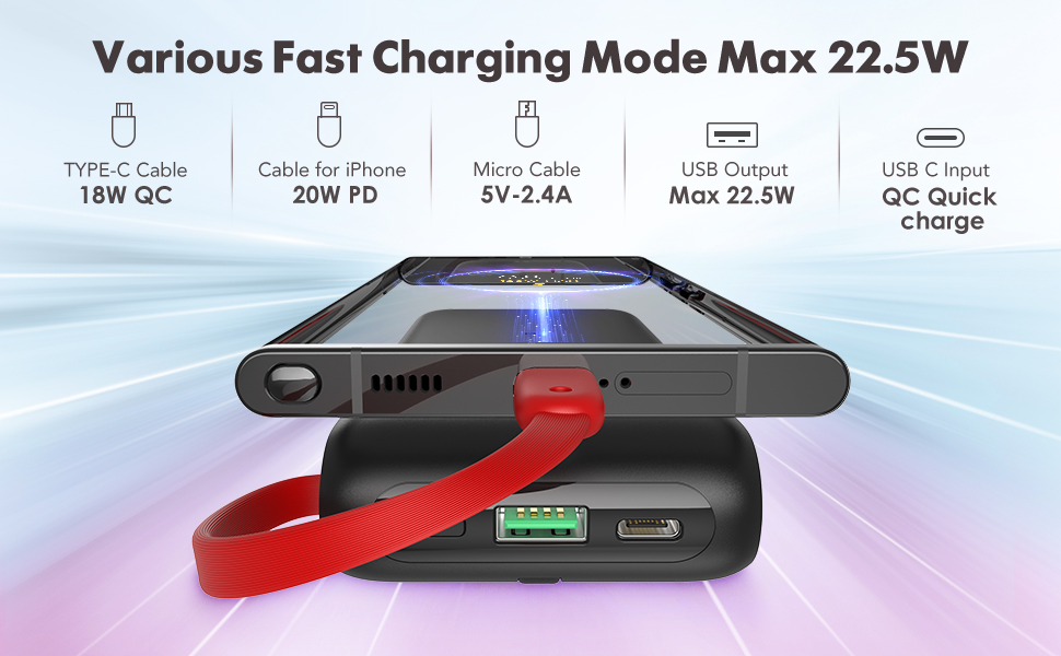 portable charger with bulit in wall plug and cords fast charge 10000mah iPhone USB C 