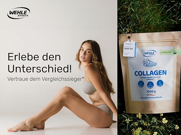 Geteiltes Bild: Links zeigt eine Person in natürlicher Pose. Rechts ist das Kollagenpulverpaket auf einer Holzoberfläche mit grünem Laub zu sehen.