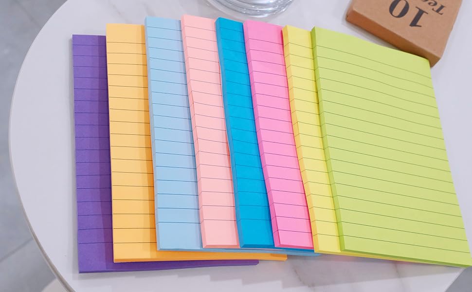 (8 Pack) Lined Sticky Notes, 8 Colors Self Sticky Notes Pad, Bright