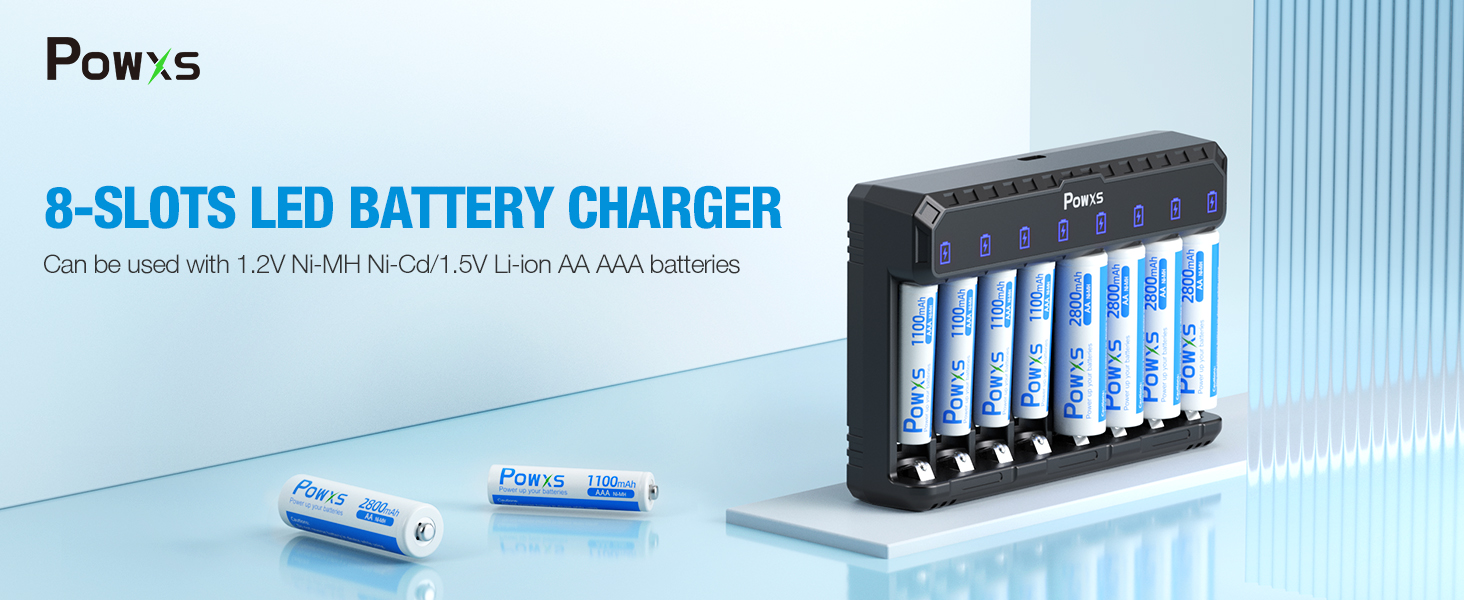 POWXS AA AAA Battery Charger Pro, 8 Independent Slot and TypeC Fast