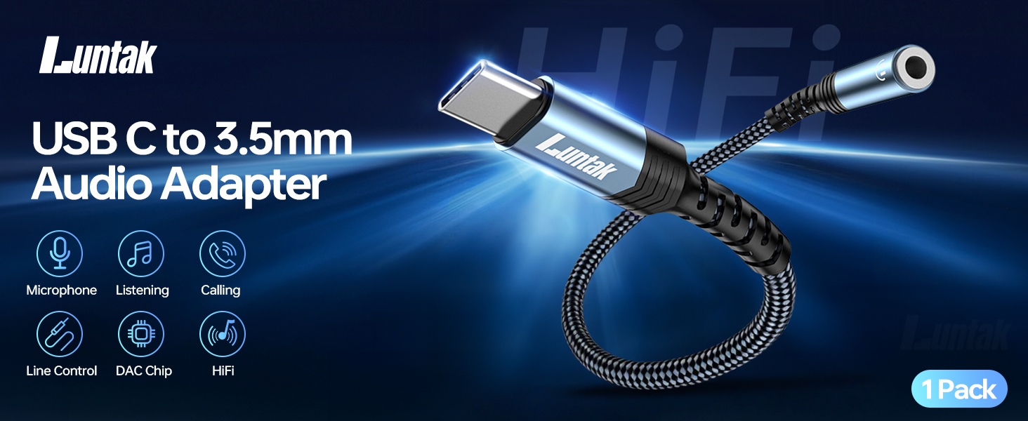 Text reads 'USB C to 3.5mm', 'Audio Adapter'. Product images of a black USB-C to audio jack adapter shown from multiple angles against blue technological background.