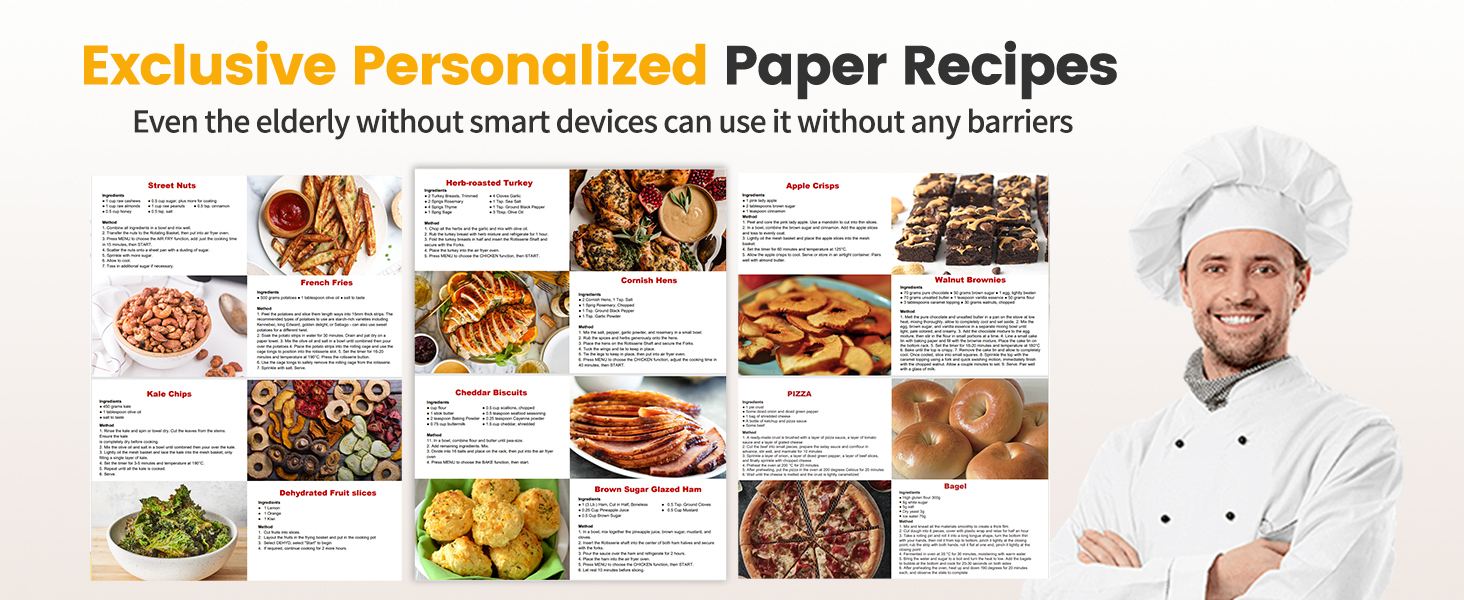Collection of personalized paper recipe cards featuring various dishes. Includes images of prepared meals and a chef in uniform.