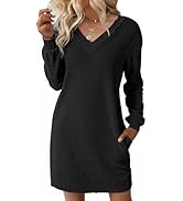 EVALESS Fall Dresses for Women 2025 Fashion V Neck Long Sleeve Summer Mini Dress Solid Casual Bea...