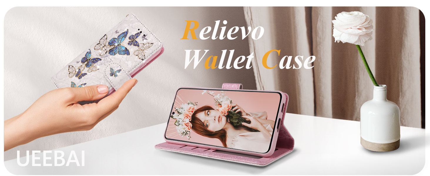 UEEBAI Wallet Case for Samsung Galaxy A15 4G/5G, PU Leather Phone Case Kickstand RFID Blocking Flip Case Card Slots Wrist Strap Relief Engraved Pattern Magnetic Closure Folio Case - Blue Butterfly 10 Large Capacity Wallet Case