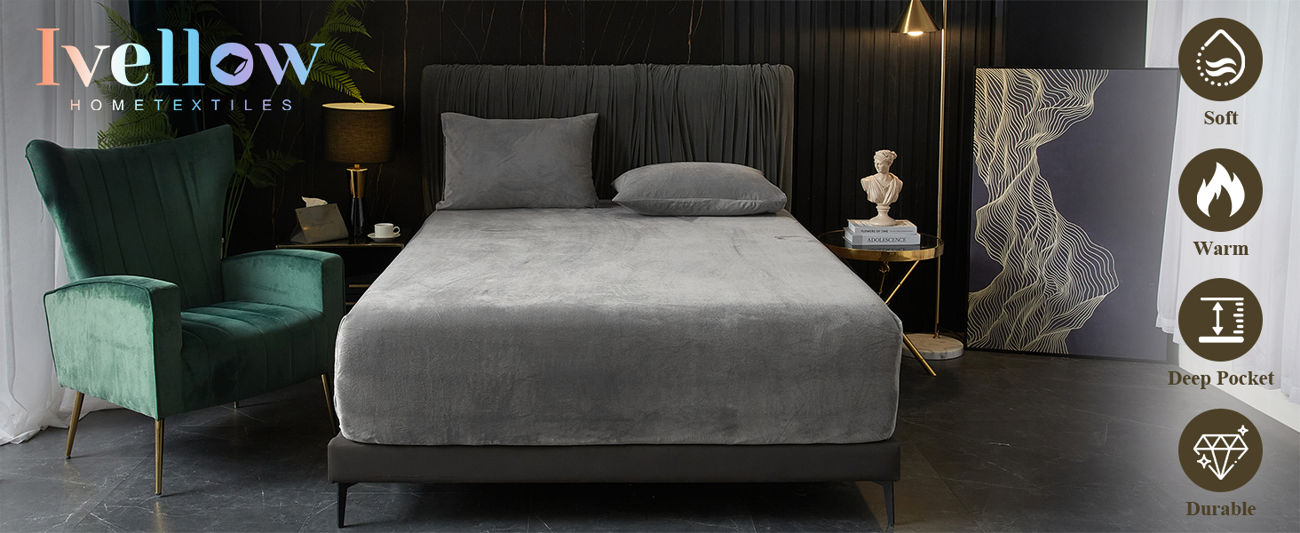 Ivellow Velvet Fitted Sheet King Size, 1 Pack Luxury