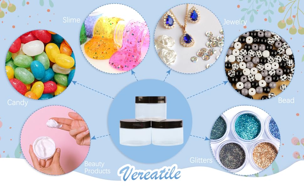 candy containers, slime jars, jewelry storage containers, beads storage containers, glitter jars