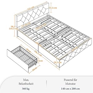 Schematic diagram of a bed frame with storage drawer. Measurements and weight capacity (360 kg) provided in German.