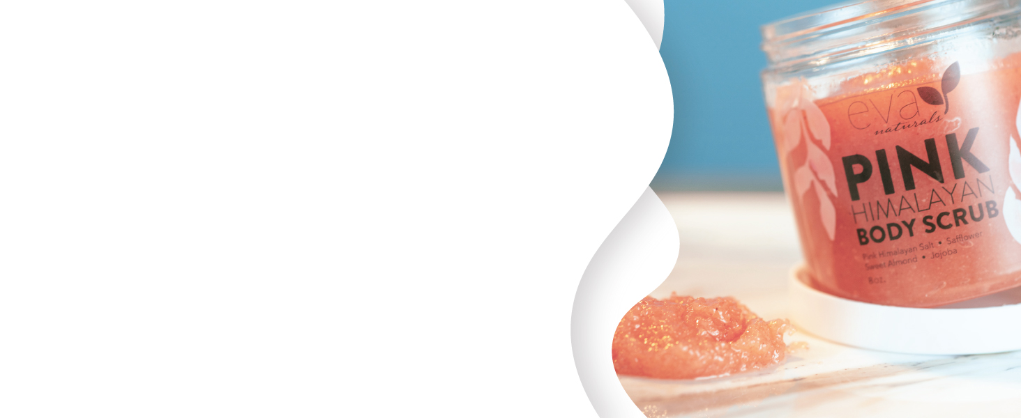 Eva Naturals Pink Himalayan Salt Scrub sitting on bathroom counter