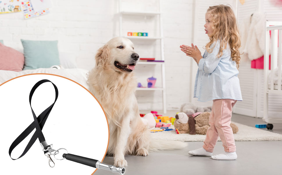 Dog Whistle High Frequency Quiet Ultrasonic Anti Bark Accessory with Lanyard, Adjustable Dog Whistle for All Breeds, Black 10 con clip y asa de metal. La imagen insertada muestra a un golden retriever en la sala de juegos con juguetes y un niño, lo que demuestra