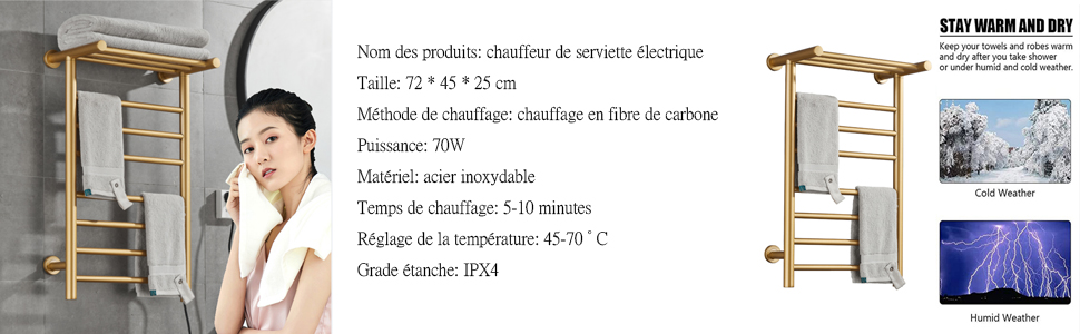 Radiateur Sèche-Serviette Électrique, Chauffe-Serviettes À 7 Barres Doré Avec Étagère Supérieure, Porte-Serviettes Chauffant En Fibre De Carbone En Mural, 72x45x25 Cm (Plug In) 11 1