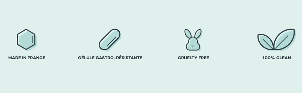 Quatre icônes minimalistes en bleu clair sur fond menthe, représentant des certifications de produits telles que « Fabriqué en France » et « 100 % propre ».