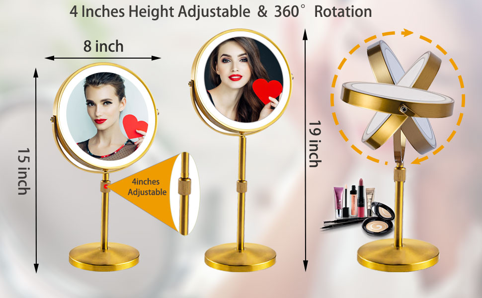 Height Adjustable Makeup Mirror,Rechargeable 8'' Lighted