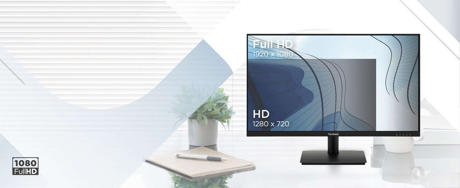 Sleek flat-screen HD monitor display with thin bezels shown against white background, featuring a minimalist design with curved graphical elements on screen.