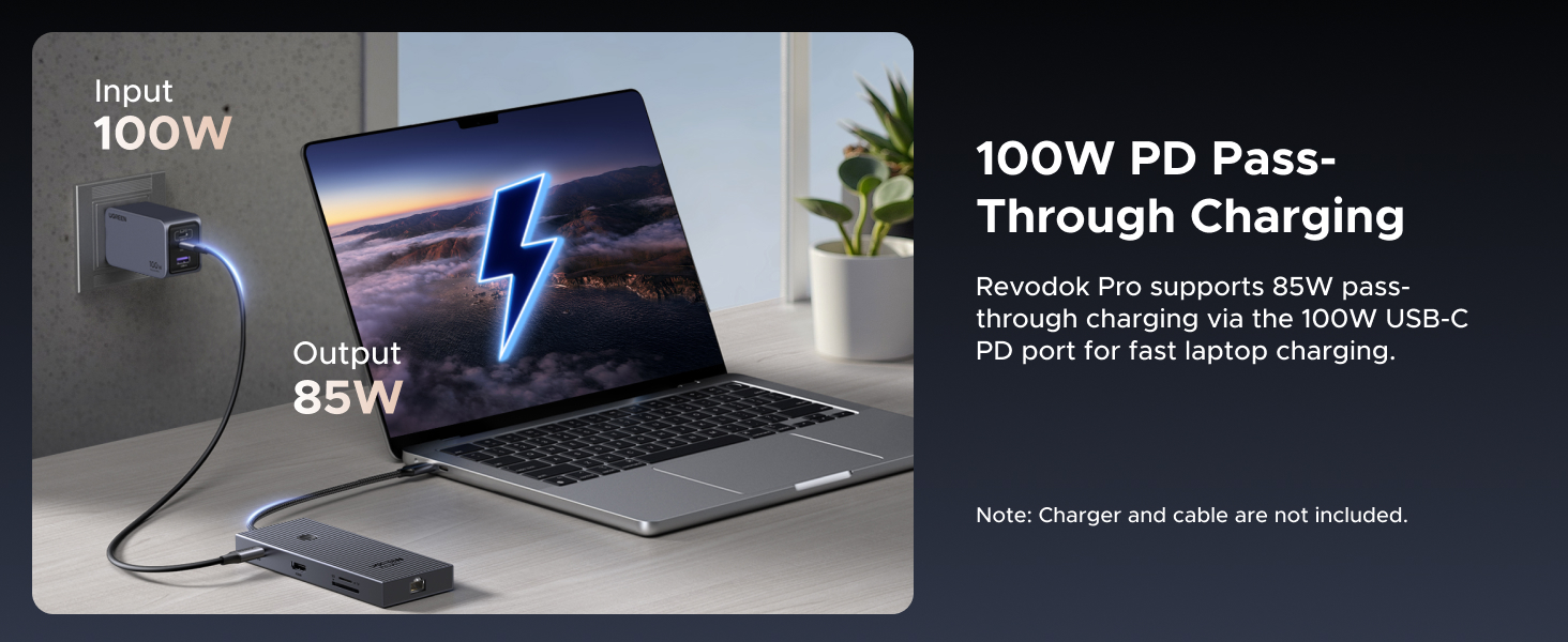 Laptop charging diagram showing 100W PD pass-through charging capability, with input/output power specifications displayed.