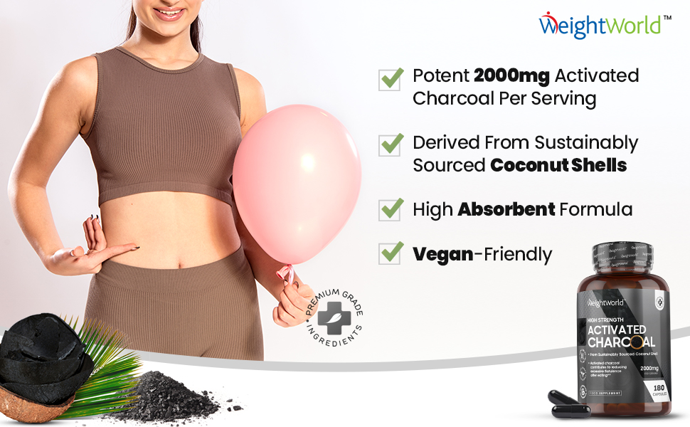 Activated Charcoal Capsules 2000mg Per Daily Serving 180 Capsules Premium & Natural