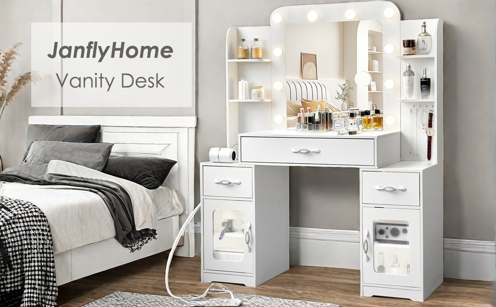 JanflyHome Large Vanity Desk with Mirror & Lights, Makeup