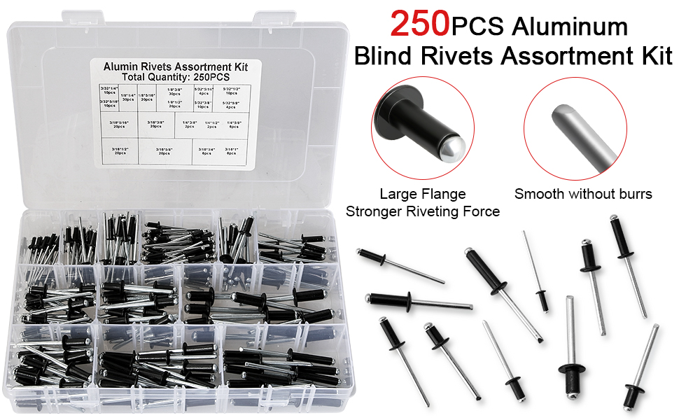 SHAOHUA 250pcs Black Rivet Set, Black Pop Rivets Assortment