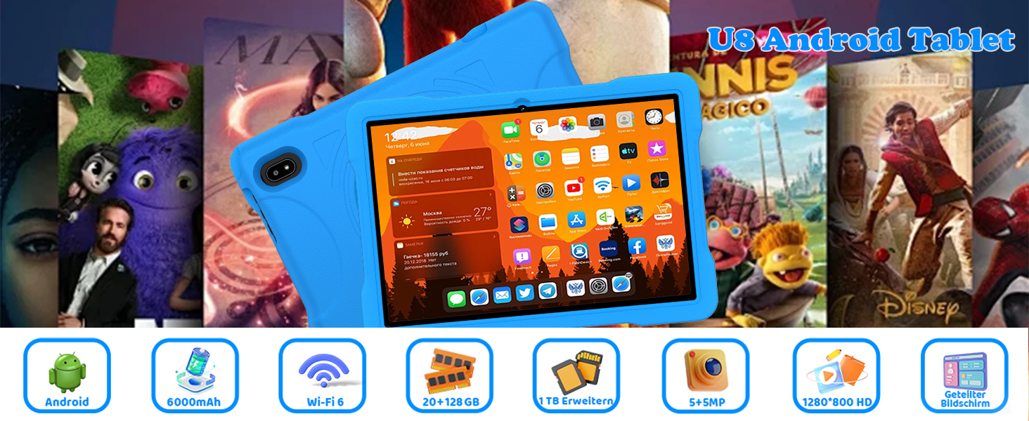 Sammlung von Screenshots der Spieloberfläche von Handyspielen, die ein blaues Spielmenü mit animierten Charaktersymbolen und Navigationsschaltflächen zeigen.