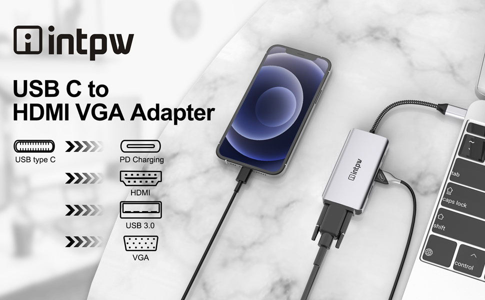 INTPW Adaptateur USB C vers VGA, adaptateur multiport USBC vers HDMI 4K pour MacBook Pro