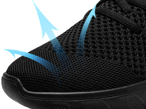 Close-up of black mesh shoe material with blue airflow indicators, showcasing breathable design.