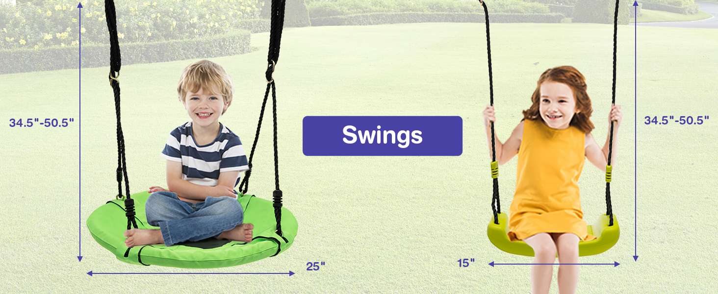 This metal swing set comes with a slide, 2 swings, a glider, trapeze rings, monkey bar