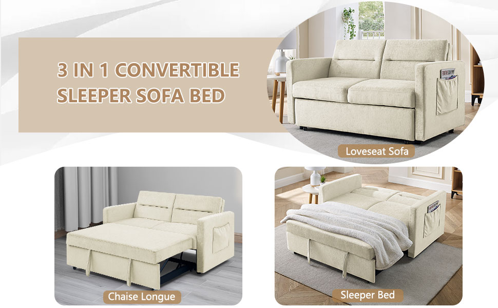 Loveseat Sleeper Sofa Bed, 3 in 1 Pull Out Futon Cloud Couch, Convertible Recliner