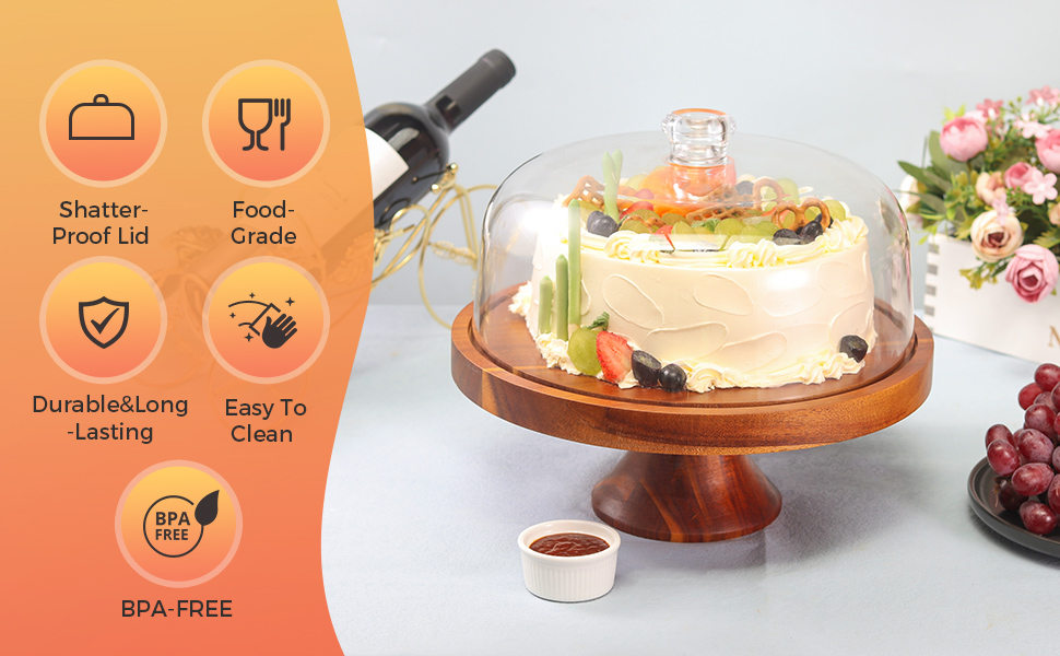 Cake Stand with Dome，2In1 Wood Cake Stand with Clear