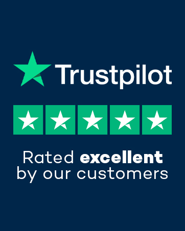 Trustpilot logo with five green stars and text indicating 'Rated excellent by our customers' on a dark blue background.