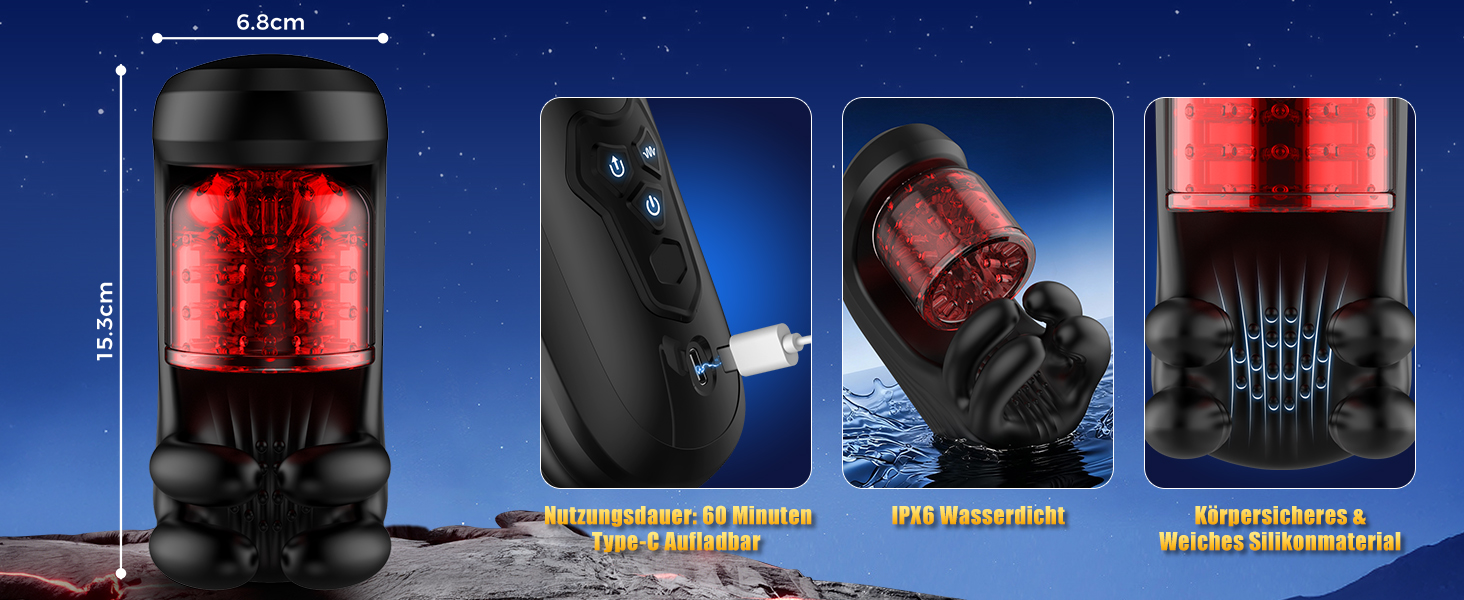 Technisches Produktdiagramm, das mehrere Blickwinkel eines schwarzen Gaming-Controllers oder Geräts mit roten Akzenten zeigt. Maße und technische Daten sind mit blauen Linien und Anmerkungen gekennzeichnet.