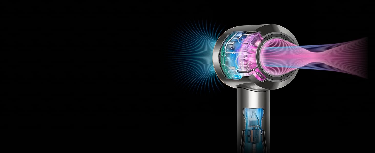 Sección transversal del Dyson Supersonic que muestra los componentes internos y el flujo de aire.