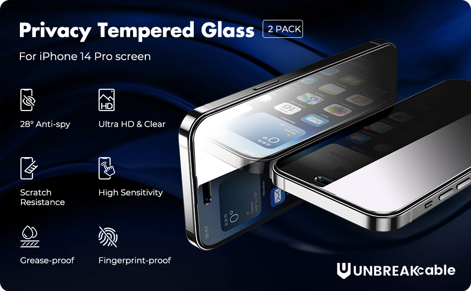 UNBREAKcable Privacy Screen Protector for iPhone 14 Pro, Shatterproof