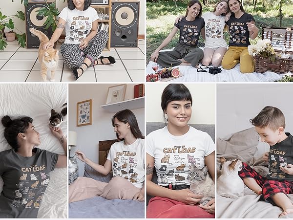 Various people wearing “Types of Cat Loaf” T-shirts at home and outdoors, often pictured with cats.
