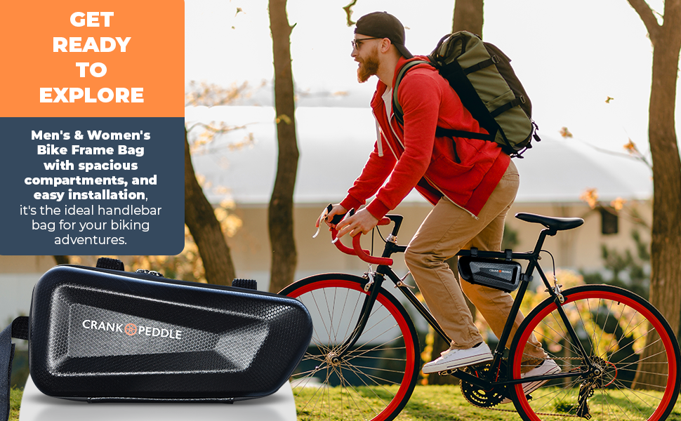 man on bike red with bike triangle bag on frame handlebar bag 