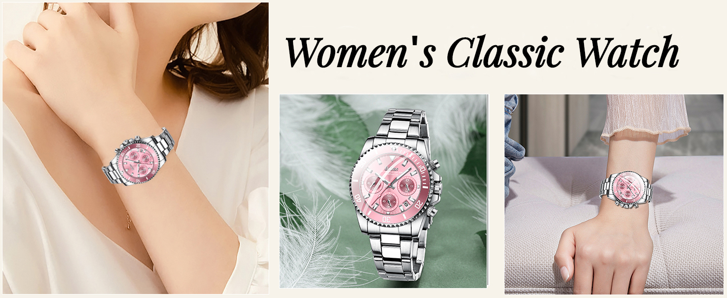 FANMIS Women Elegant Chronograph Rotatable Bezel Mineral Glass Luminous Watch