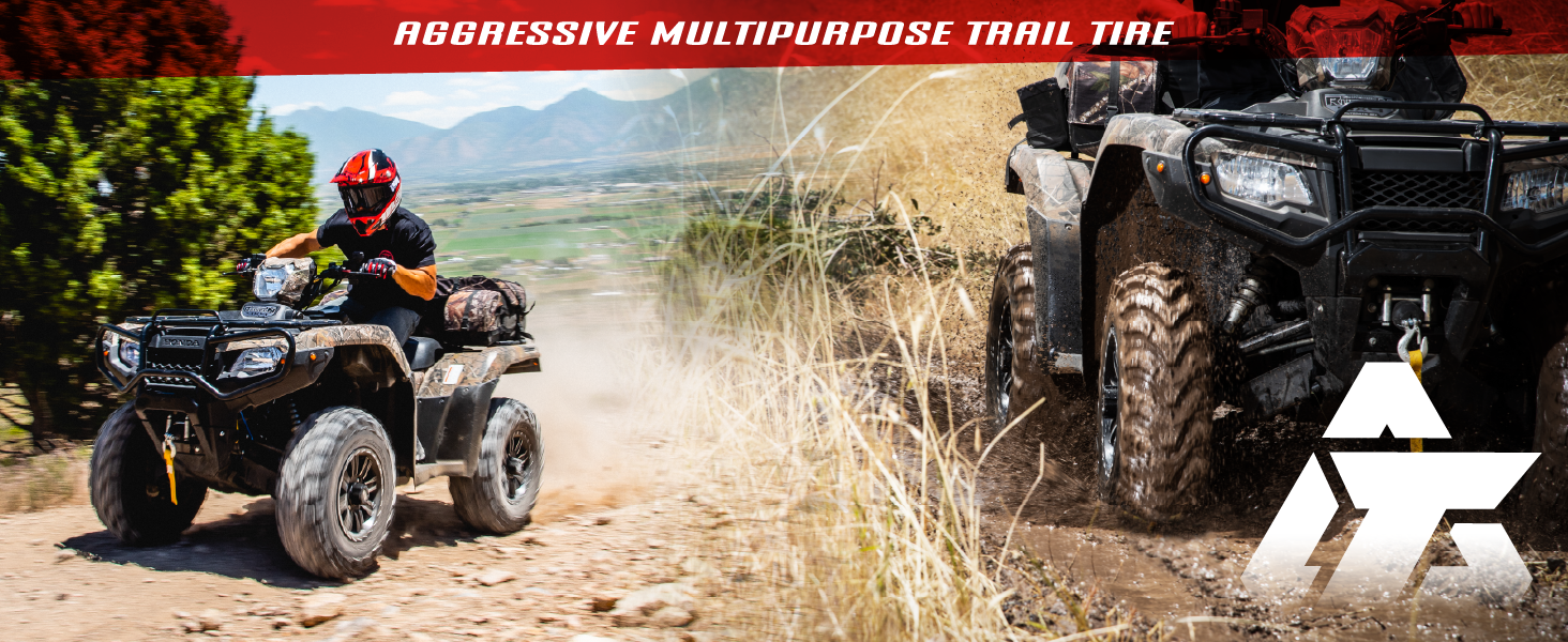 2 ATVs equipped with aggressive multipurpose tires riding through rugged dirt and muddy terrain