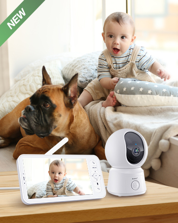 Smart baby monitor system featuring white camera unit and display screen, showing real-time video monitoring capability.
