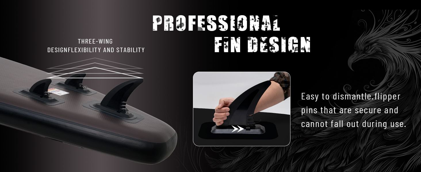 Surfboard fin with three-wing design for stability. Inset image shows easy-to-dismantle finger pins. Text highlights professional design and secure attachment during use.
