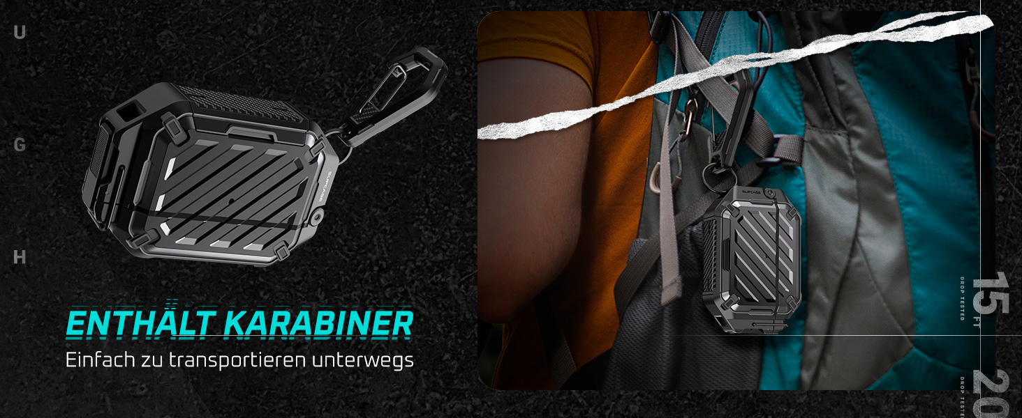 Der Text lautet „ENTHÄLT KARABINER“. Technische Produktaufnahme, die eine schwarze taktische Ausrüstungsbefestigung oder ein Clipsystem mit blauer Akzentbeleuchtung zeigt.