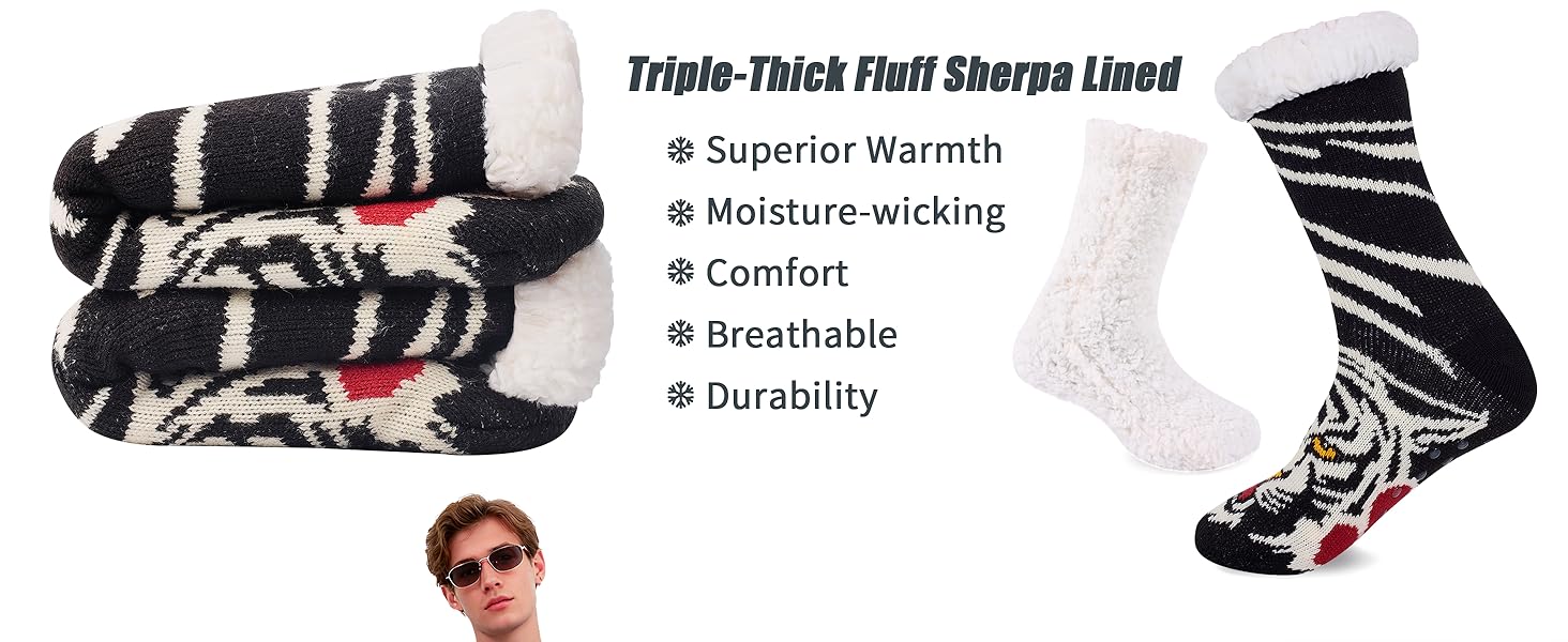 Product showcase of black shoes or boots with text overlay highlighting comfort and durability features.