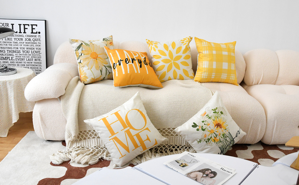 ABESSLON Spring Summer Throw Pillow Covers 18x18, Set of 6 Farmhouse Decor Daisy