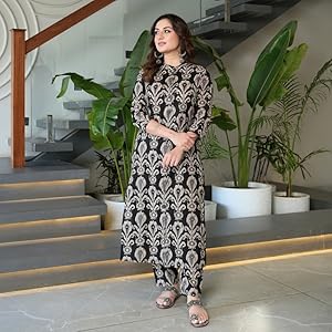 Arayna Women's Pure Cotton Block Printed Ethnic Wear Kurta Set with Palazzo Pants
