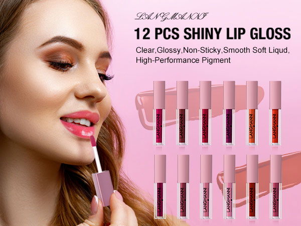 LANGMANNI 12Pcs Lip gloss Collection Makeup Set, Shiny Smooth Soft Liquid Lip Glosses