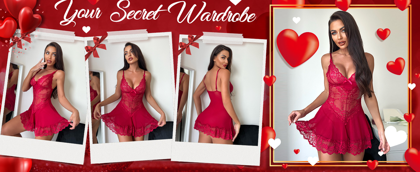 RSLOVE Babydoll Lingerie for Women Lace Chemise Sexy Nightgown Sleepwear Dress