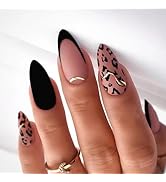 Black French Tip Press On Nails - Nude Fake Nails Medium Almond False Nails with Gold Line Design...